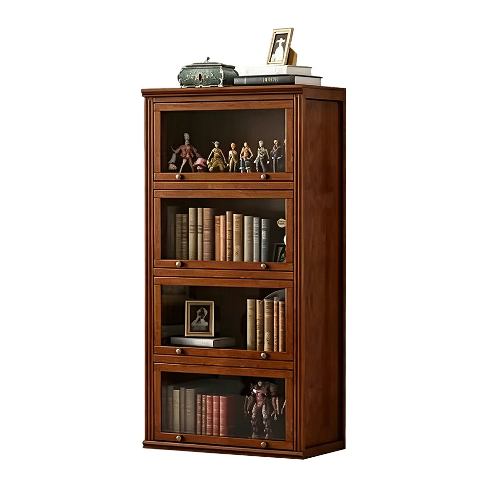 LIVARA 4-Tier Solid Ash Wood Bookcase Flip-Up Glass Door Storage Cabinet 60/80cm for Living Room Study
