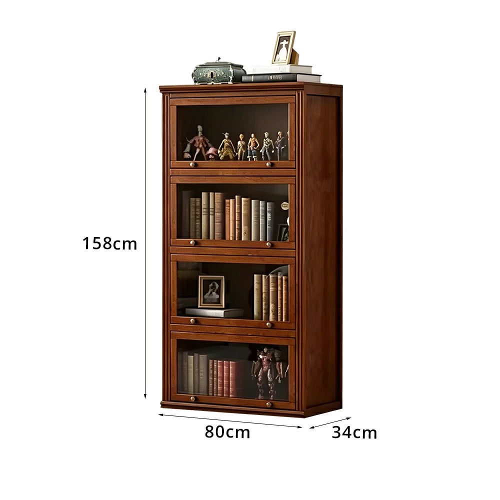 LIVARA 4-Tier Solid Ash Wood Bookcase Flip-Up Glass Door Storage Cabinet 60/80cm for Living Room Study