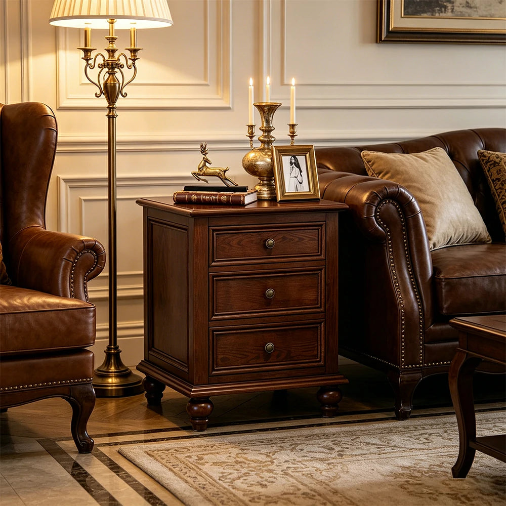 LIVARA Solid Wood Bedside Cabinet Smooth Drawer Nightstand for Bedroom Guest Room - Walnut
