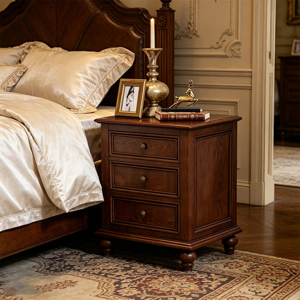 LIVARA Solid Wood Bedside Cabinet Smooth Drawer Nightstand for Bedroom Guest Room - Walnut