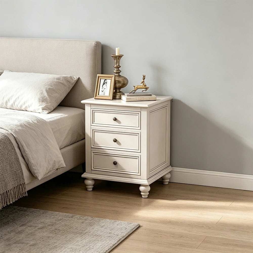 LIVARA Solid Wood Bedside Cabinet Smooth Drawer Nightstand for Bedroom Guest Room - White