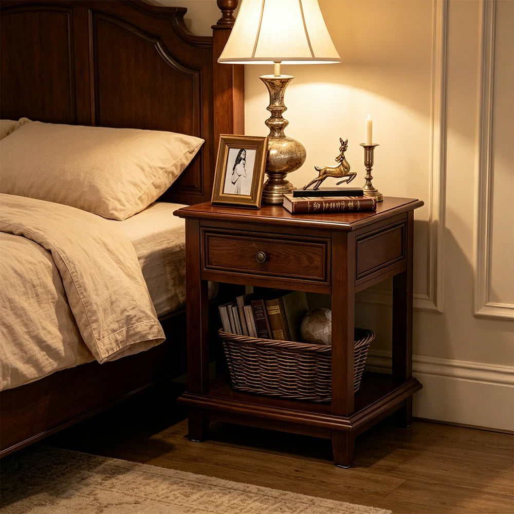 LIVARA Ash Wood Nightstand Space-Saving Storage Cabinet for Bedroom Small Spaces - Walnut