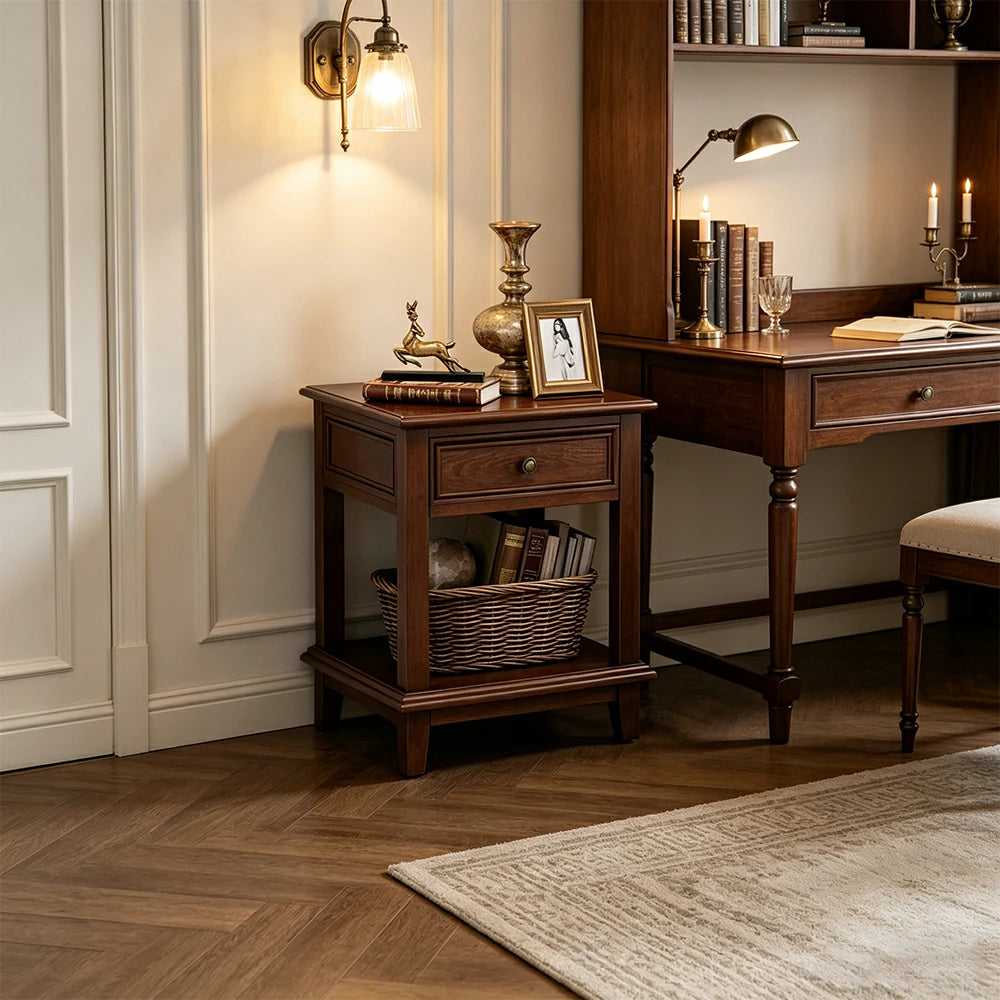 LIVARA Ash Wood Nightstand Space-Saving Storage Cabinet for Bedroom Small Spaces - Walnut