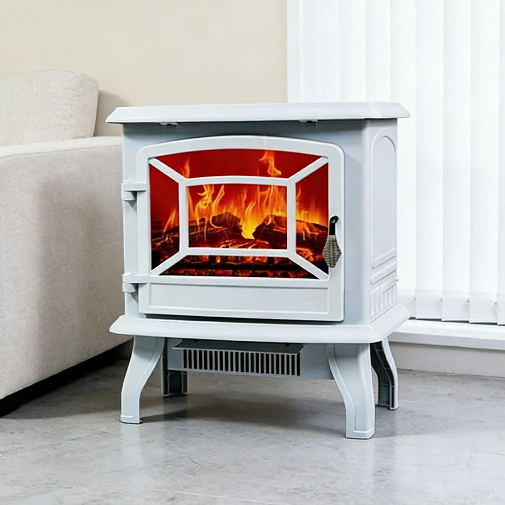 LIVARA 17-Inch Electric Fireplace Heater 3D Flame Effect 1800W Indoor Space Heater Tempered Glass Steel Body Quiet Operation - White