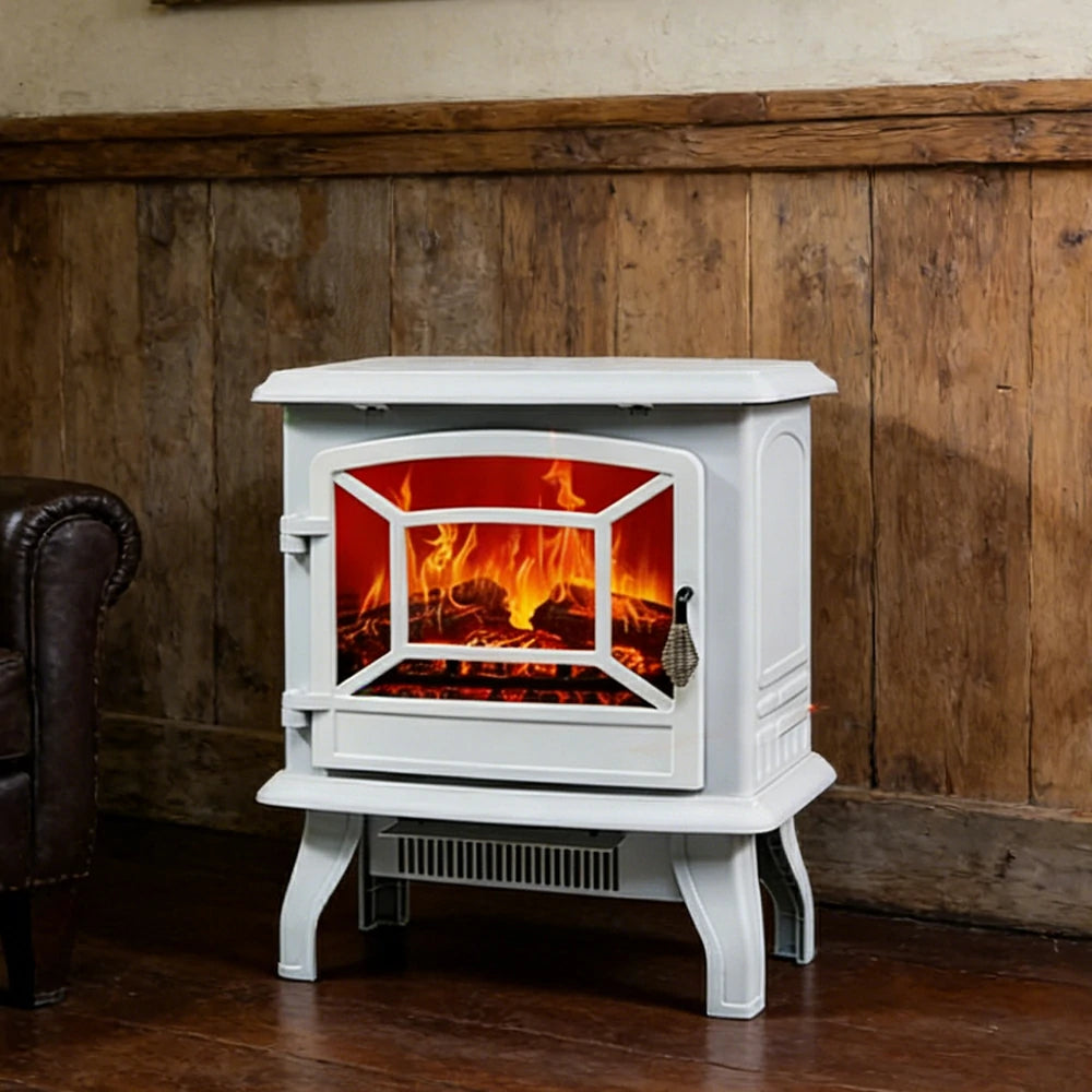 LIVARA 17-Inch Electric Fireplace Heater 3D Flame Effect 1800W Indoor Space Heater Tempered Glass Steel Body Quiet Operation - White