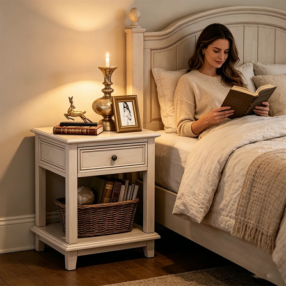 LIVARA Ash Wood Nightstand Space-Saving Storage Cabinet for Bedroom Small Spaces - White