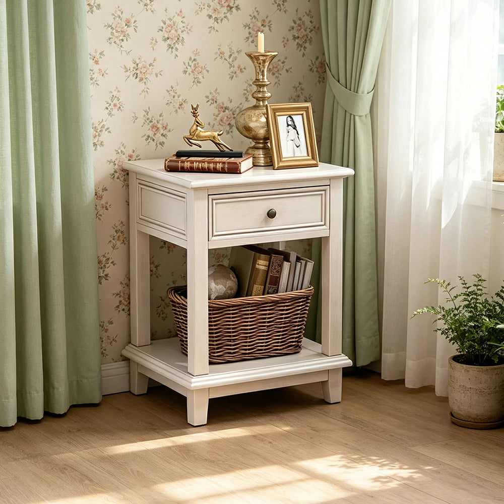 LIVARA Ash Wood Nightstand Space-Saving Storage Cabinet for Bedroom Small Spaces - White