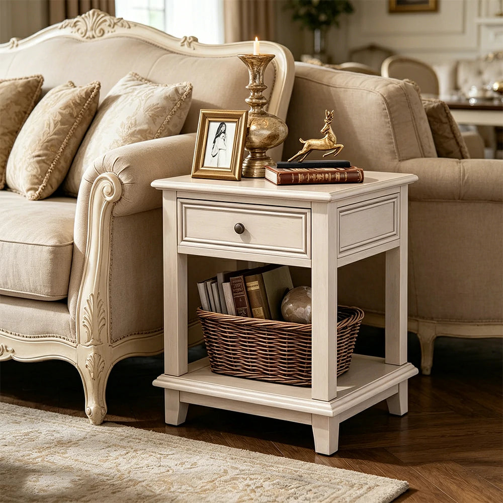 LIVARA Ash Wood Nightstand Space-Saving Storage Cabinet for Bedroom Small Spaces - White