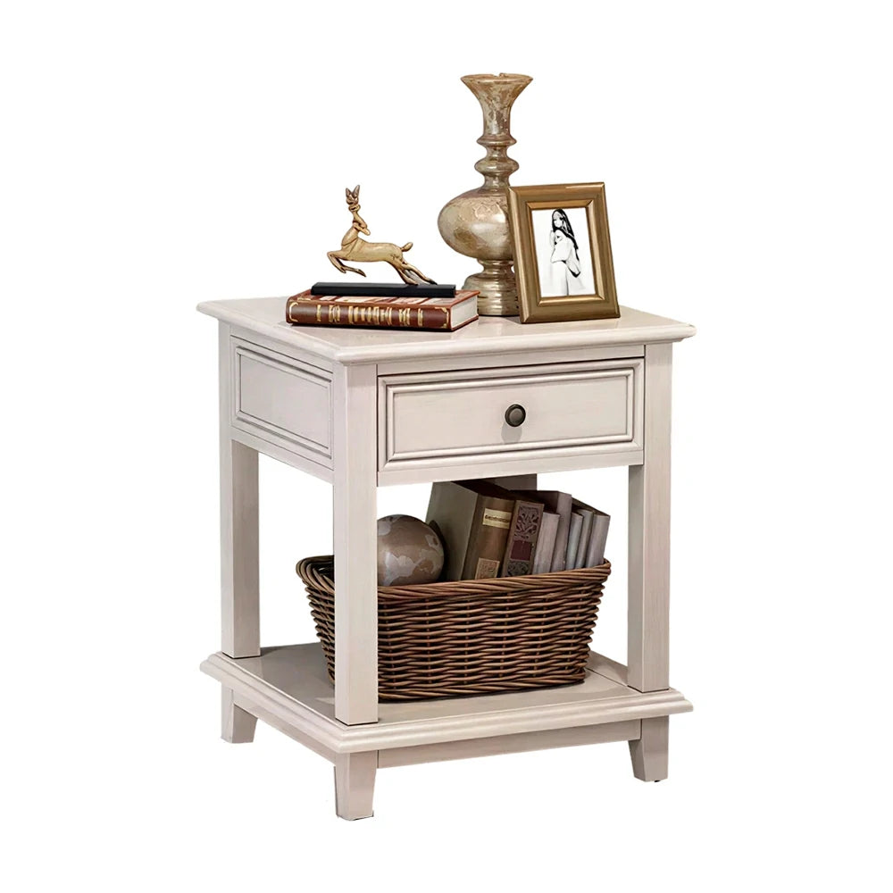 LIVARA Ash Wood Nightstand Space-Saving Storage Cabinet for Bedroom Small Spaces - White