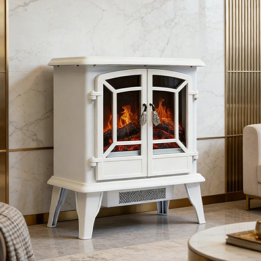 LIVARA 20-Inch Electric Fireplace Heater 3D Flame Effect 1800W Indoor Space Heater Tempered Glass Steel Body Quiet Operation - White