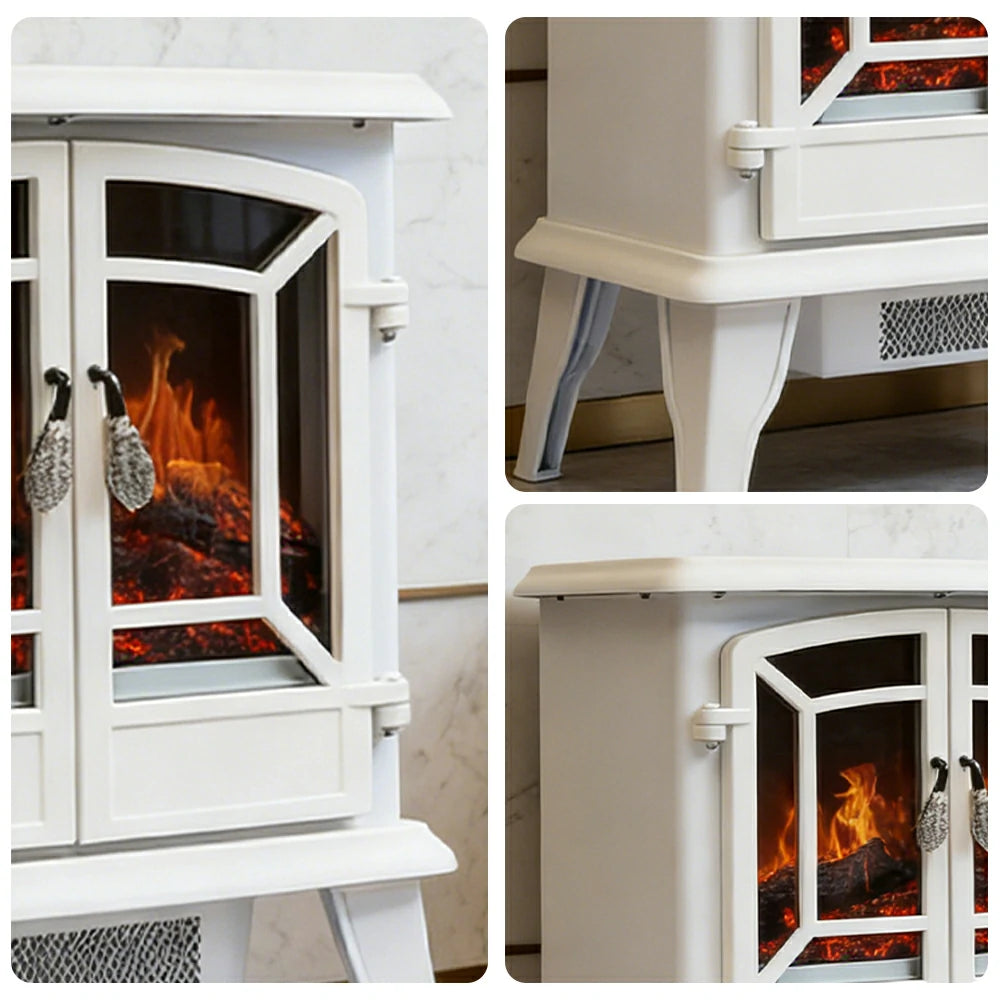 LIVARA 20-Inch Electric Fireplace Heater 3D Flame Effect 1800W Indoor Space Heater Tempered Glass Steel Body Quiet Operation - White