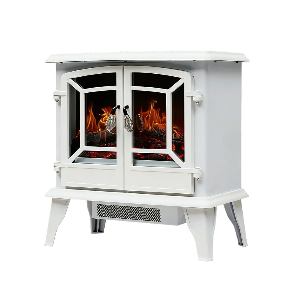 LIVARA 20-Inch Electric Fireplace Heater 3D Flame Effect 1800W Indoor Space Heater Tempered Glass Steel Body Quiet Operation - White