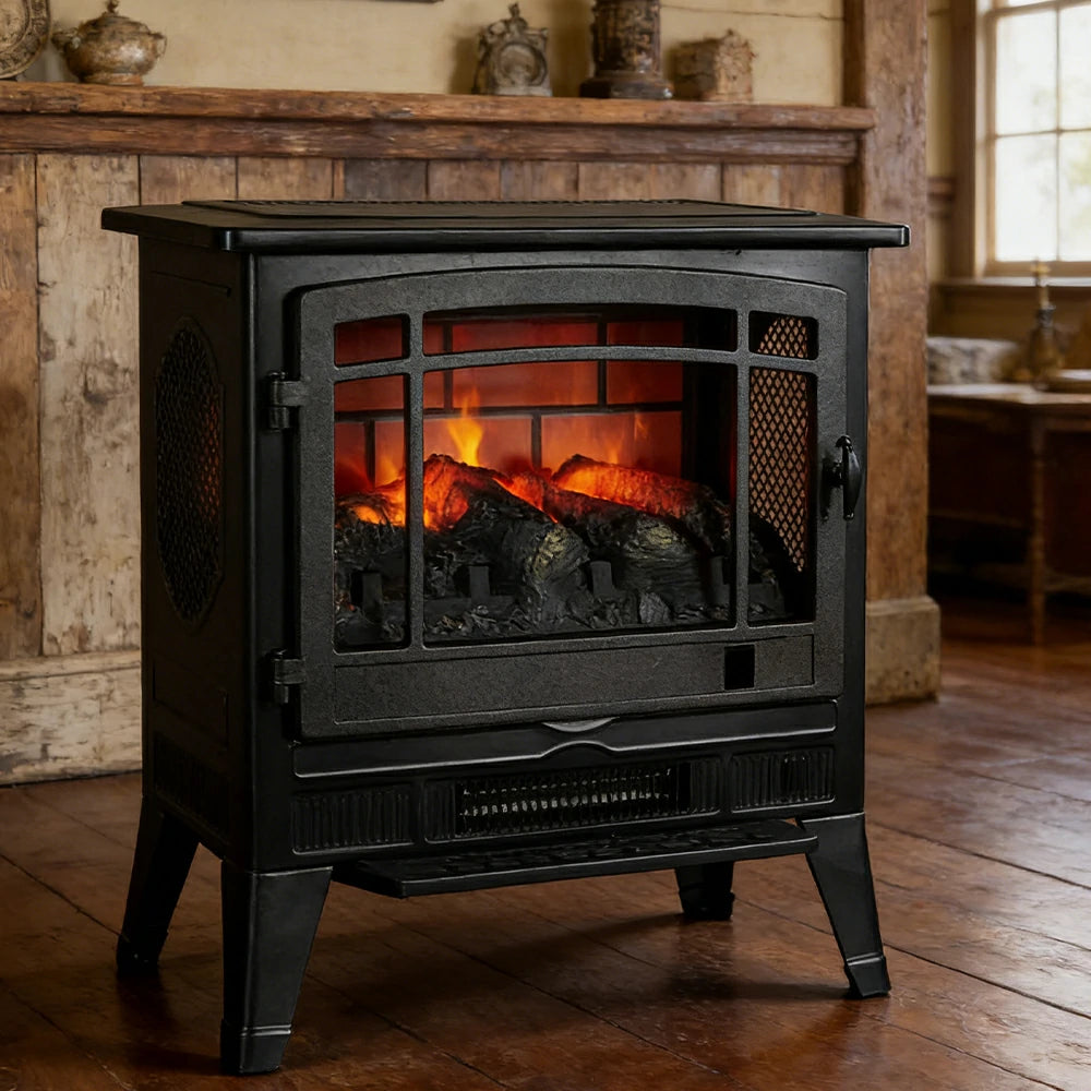 LIVARA 23-Inch Electric Fireplace Heater 3D Flame Effect 1800W Indoor Space Heater Tempered Glass Steel Body Quiet Operation - Black