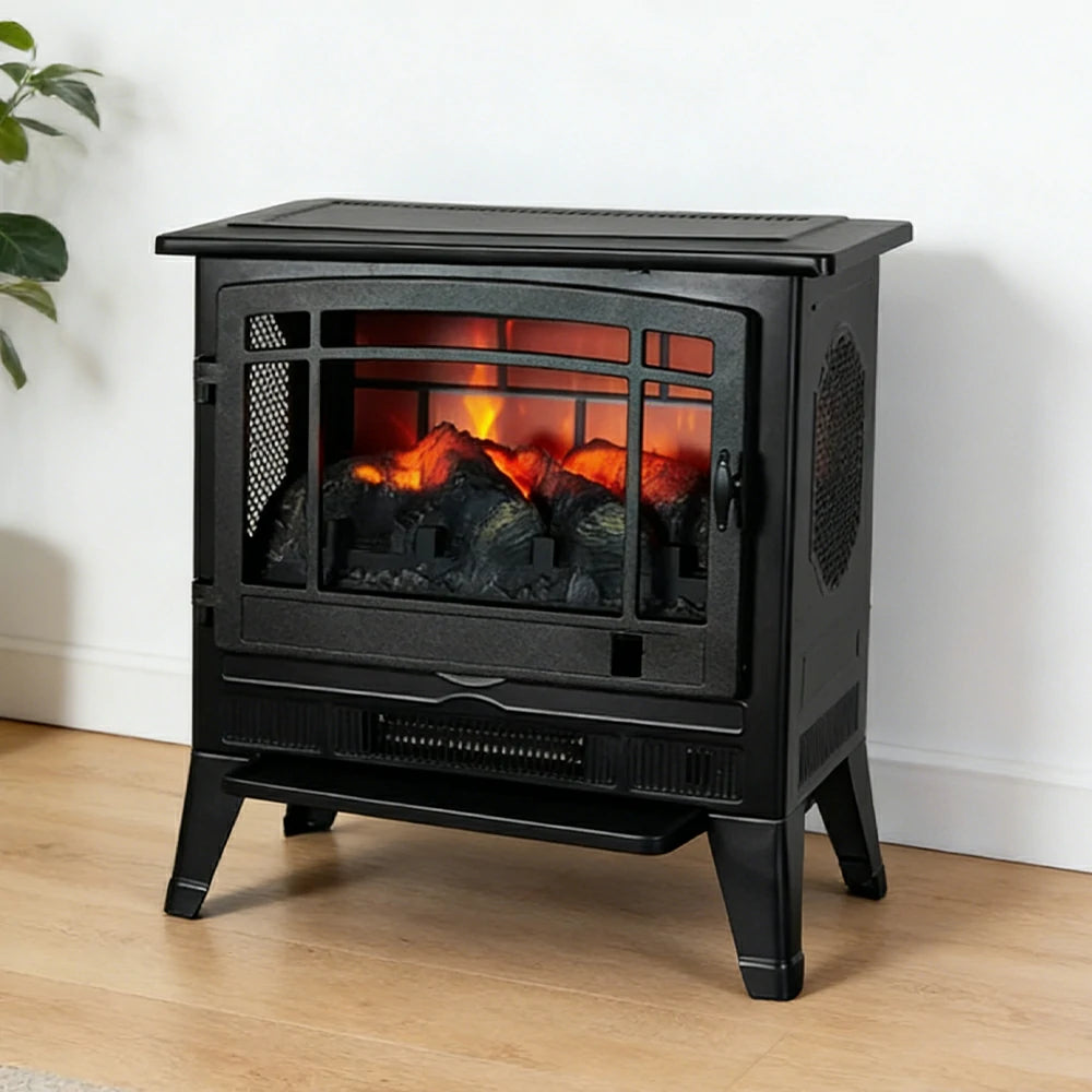 LIVARA 23-Inch Electric Fireplace Heater 3D Flame Effect 1800W Indoor Space Heater Tempered Glass Steel Body Quiet Operation - Black