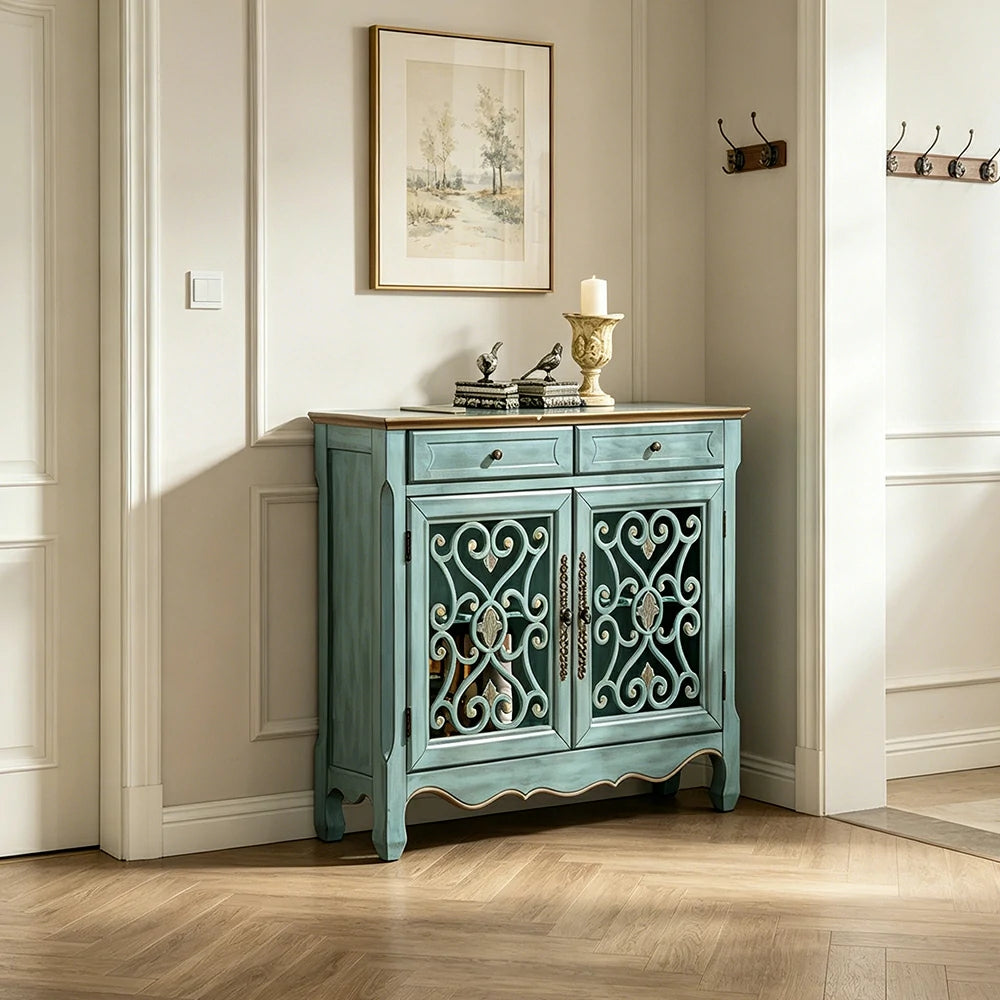 LIVARA Solid Wood 2 Door Sideboard Cabinet with Storage Vintage American Entryway Buffet 104cm - Distressed Blue