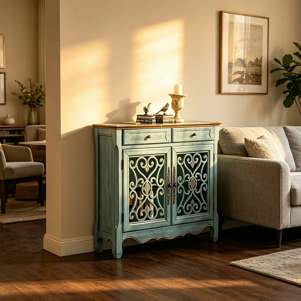 LIVARA Solid Wood 2 Door Sideboard Cabinet with Storage Vintage American Entryway Buffet 104cm - Distressed Blue