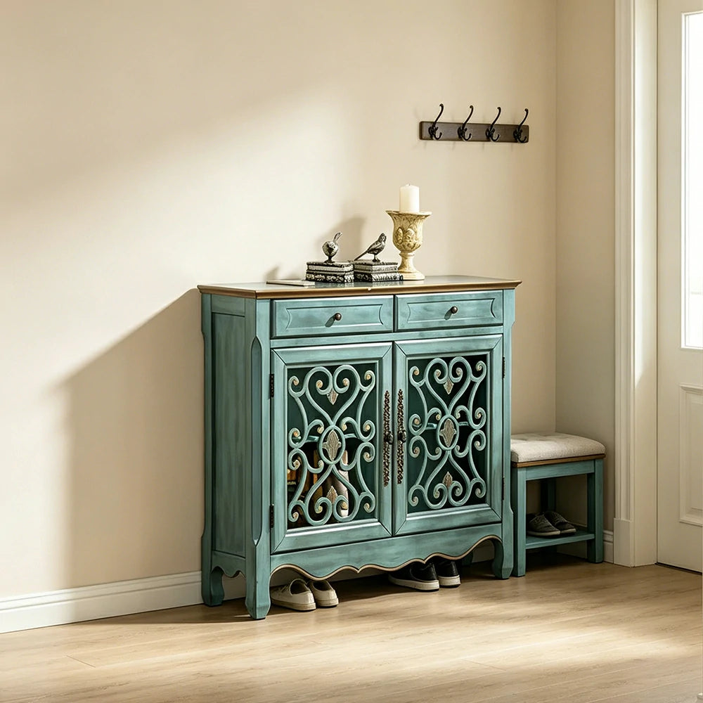 LIVARA Solid Wood 2 Door Sideboard Cabinet with Storage Vintage American Entryway Buffet 104cm - Distressed Blue