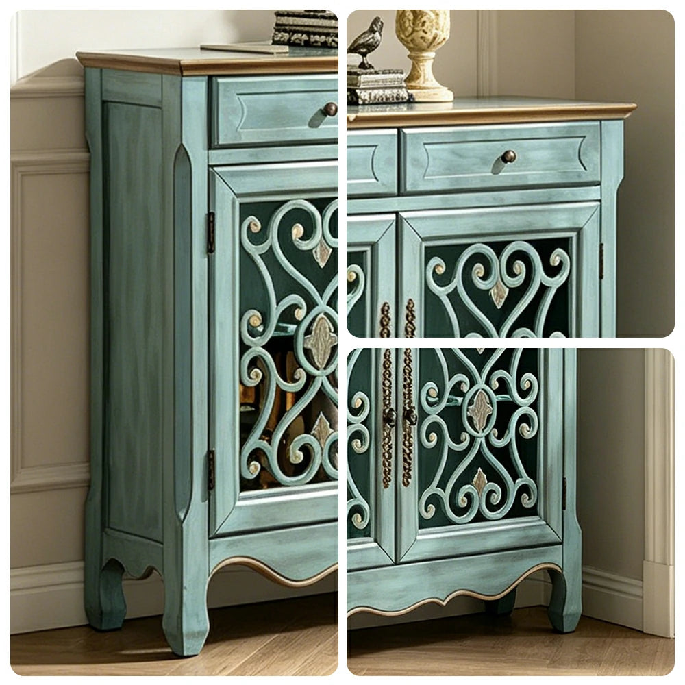 LIVARA Solid Wood 2 Door Sideboard Cabinet with Storage Vintage American Entryway Buffet 104cm - Distressed Blue