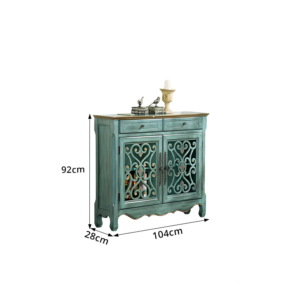 LIVARA Solid Wood 2 Door Sideboard Cabinet with Storage Vintage American Entryway Buffet 104cm - Distressed Blue