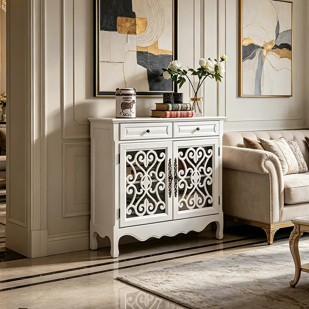 LIVARA Solid Wood 2 Door Sideboard Cabinet with Storage Vintage American Entryway Buffet 104cm - White