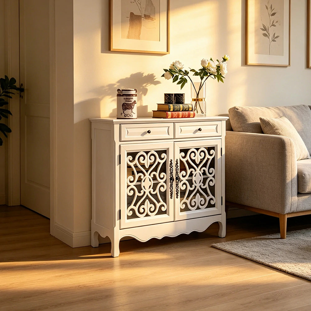 LIVARA Solid Wood 2 Door Sideboard Cabinet with Storage Vintage American Entryway Buffet 104cm - White