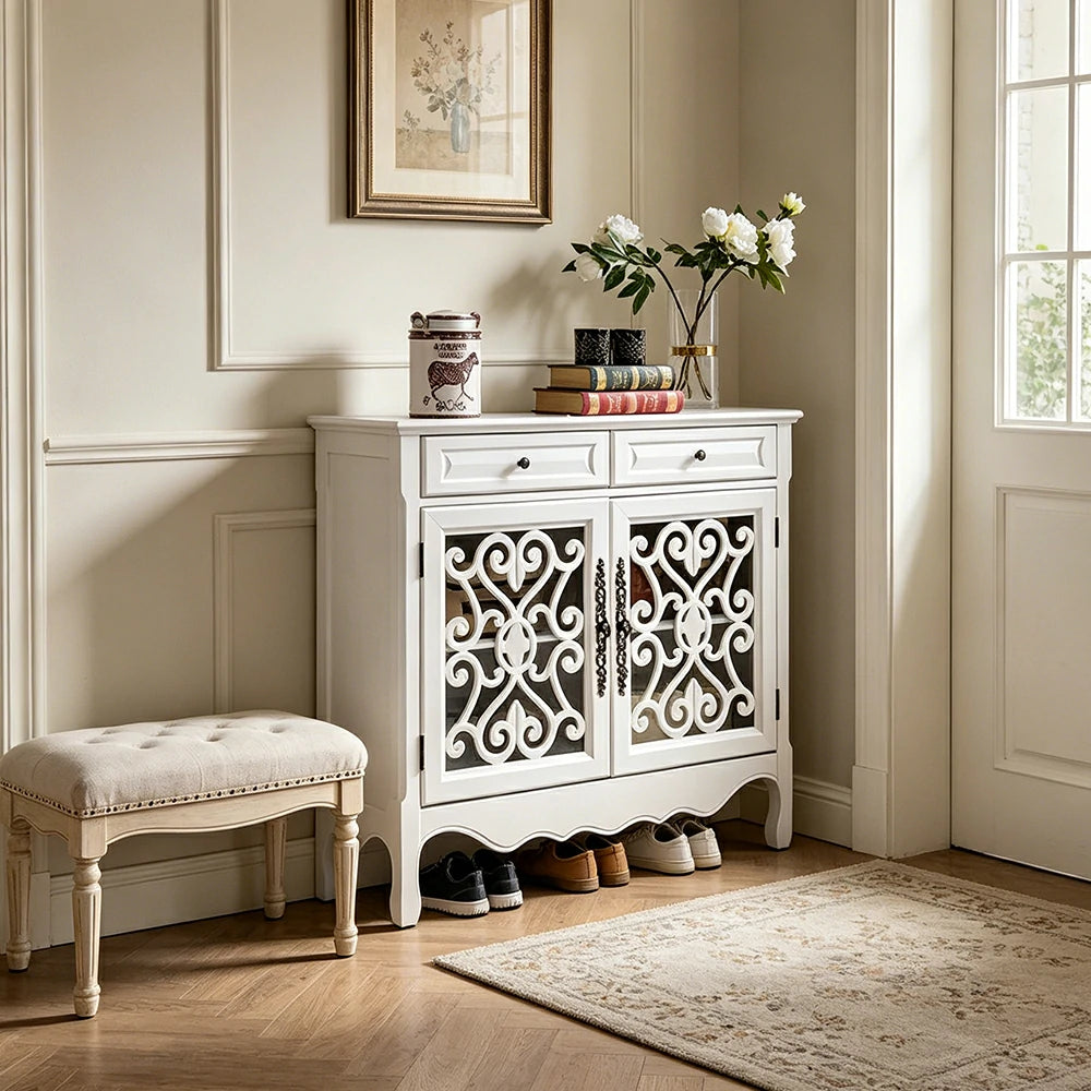 LIVARA Solid Wood 2 Door Sideboard Cabinet with Storage Vintage American Entryway Buffet 104cm - White