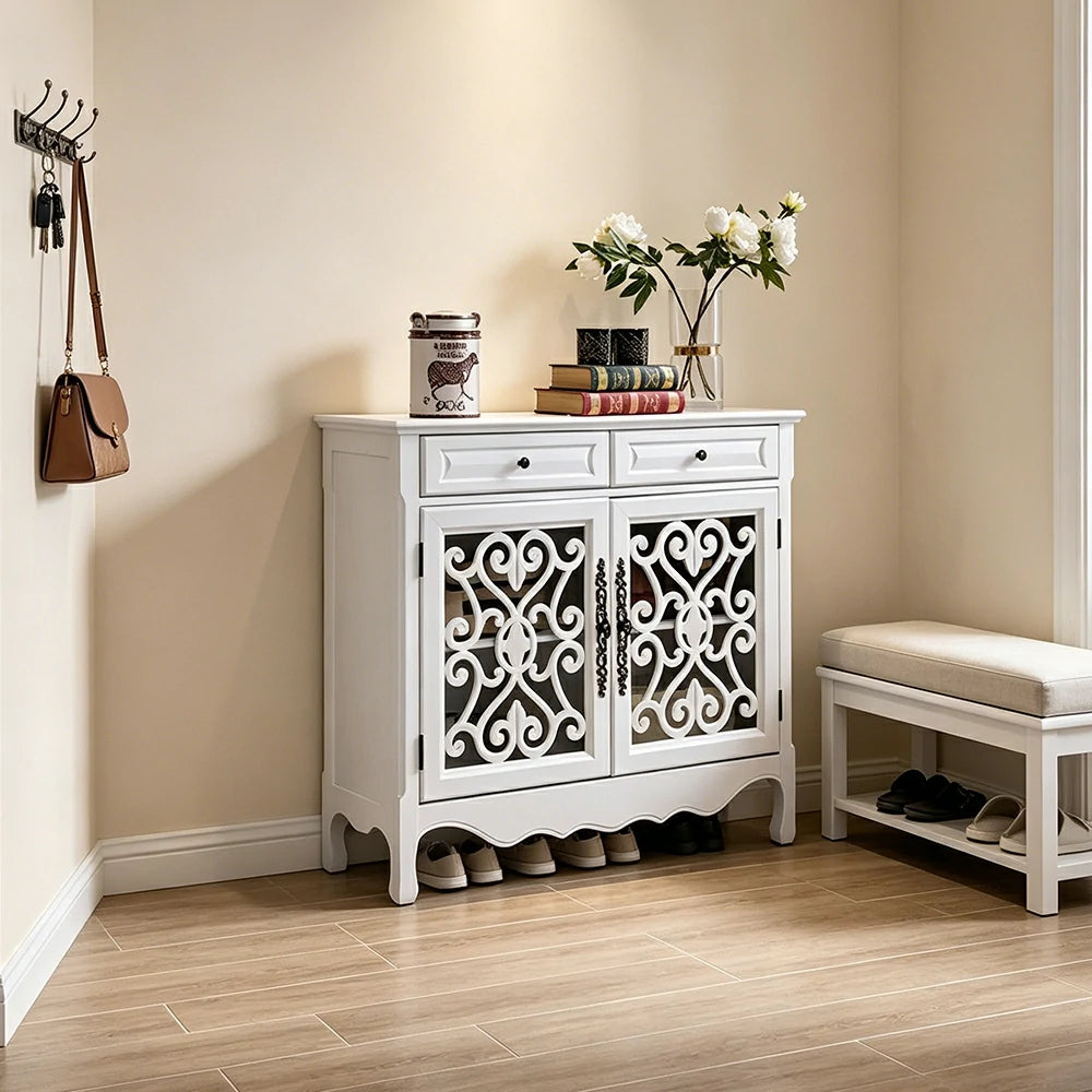 LIVARA Solid Wood 2 Door Sideboard Cabinet with Storage Vintage American Entryway Buffet 104cm - White