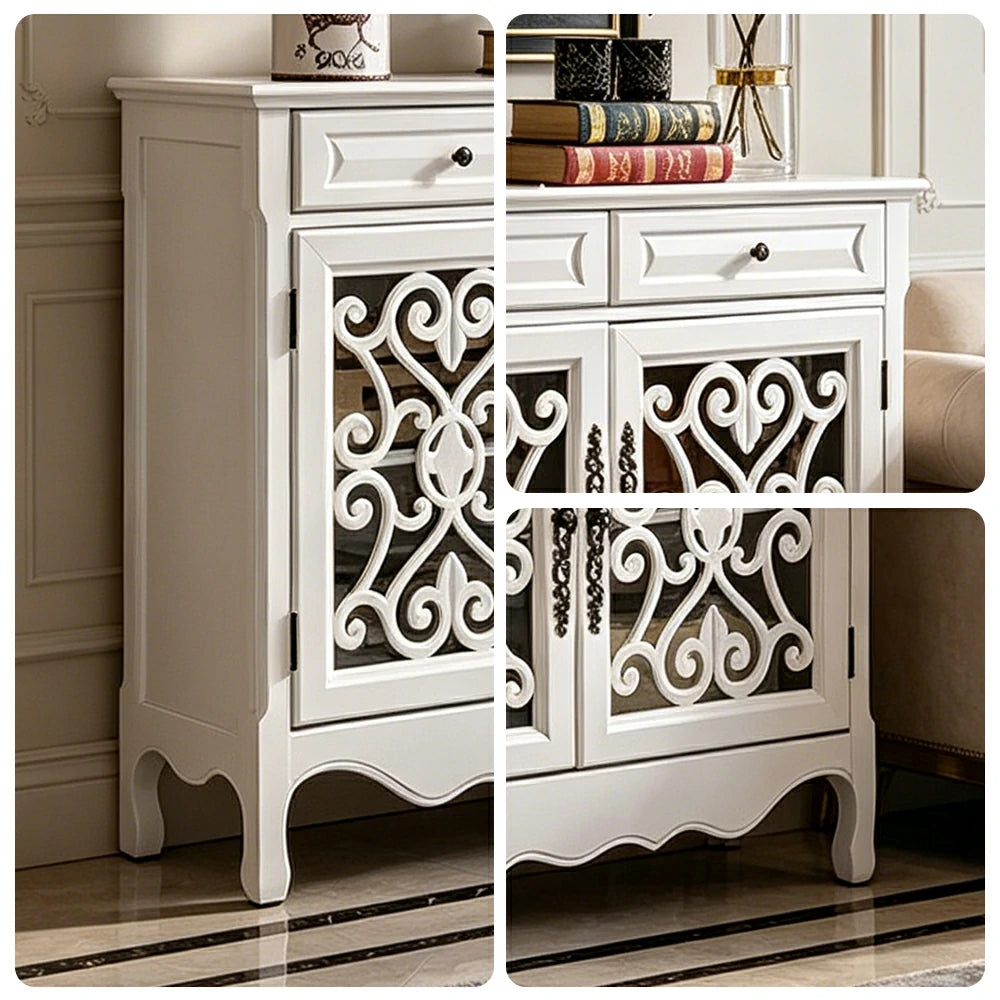 LIVARA Solid Wood 2 Door Sideboard Cabinet with Storage Vintage American Entryway Buffet 104cm - White