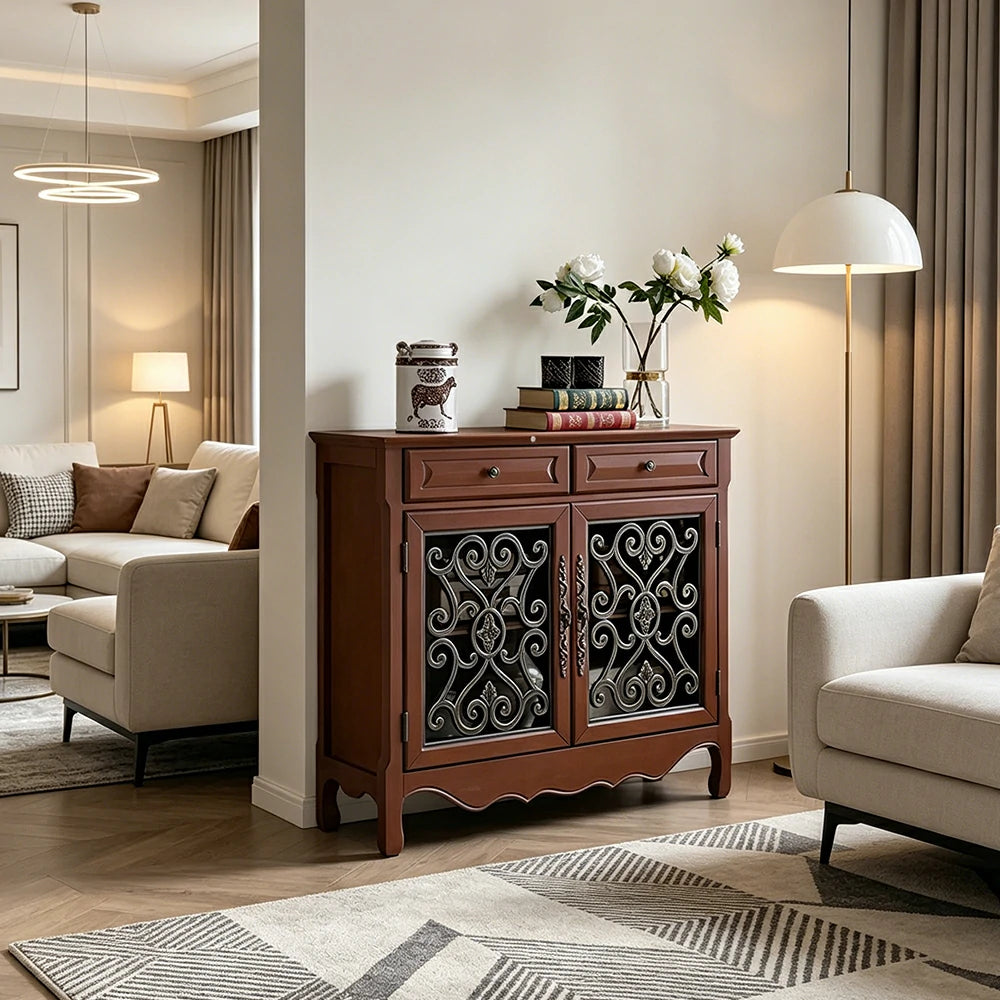 LIVARA Solid Wood 2 Door Sideboard Cabinet with Storage Vintage American Entryway Buffet 104cm - Brown