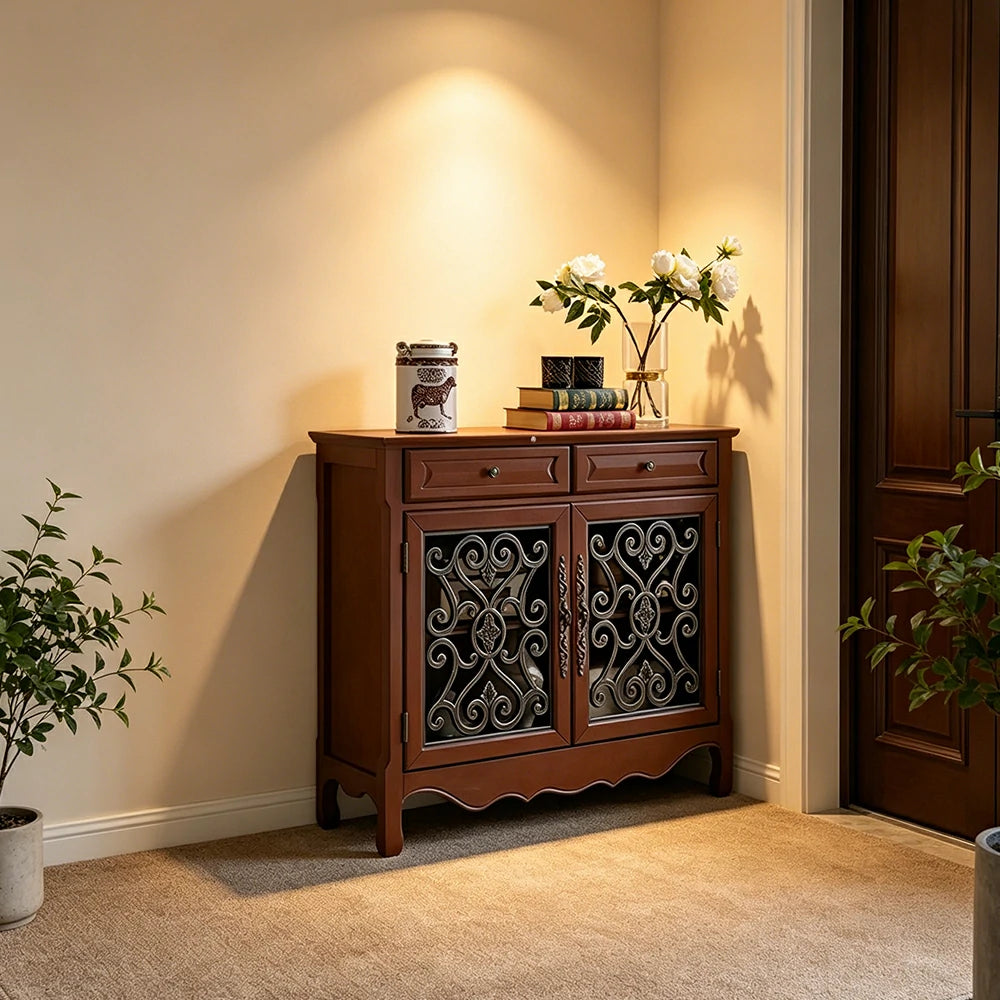 LIVARA Solid Wood 2 Door Sideboard Cabinet with Storage Vintage American Entryway Buffet 104cm - Brown