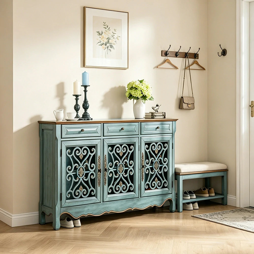 LIVARA Solid Wood 3 Door Sideboard Cabinet with Storage Vintage American Buffet Entryway Cabinet 153cm - Distressed Blue