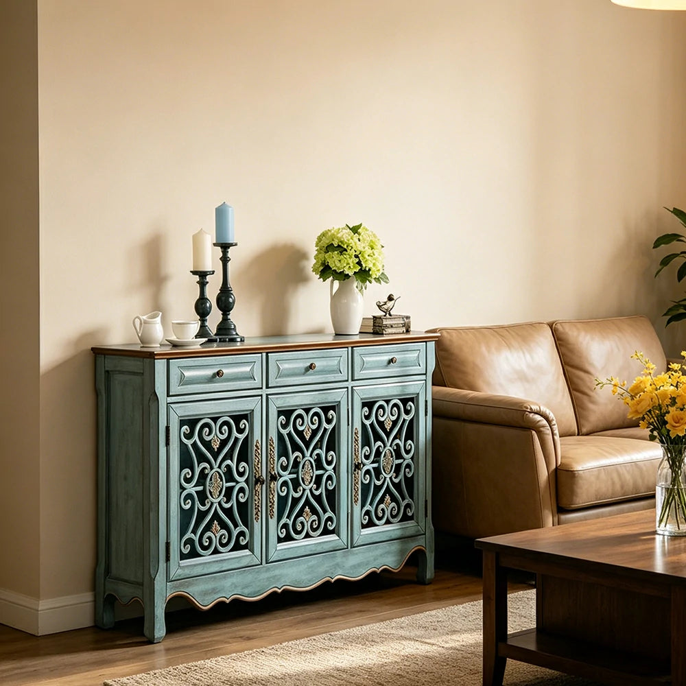 LIVARA Solid Wood 3 Door Sideboard Cabinet with Storage Vintage American Buffet Entryway Cabinet 153cm - Distressed Blue