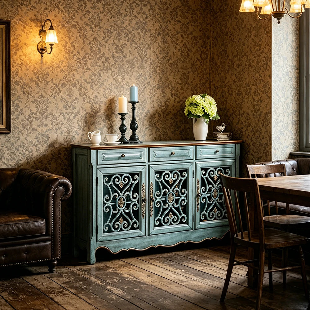 LIVARA Solid Wood 3 Door Sideboard Cabinet with Storage Vintage American Buffet Entryway Cabinet 153cm - Distressed Blue