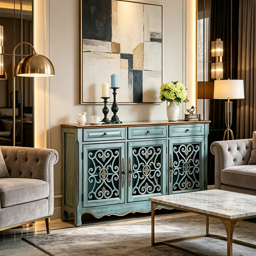 LIVARA Solid Wood 3 Door Sideboard Cabinet with Storage Vintage American Buffet Entryway Cabinet 153cm - Distressed Blue