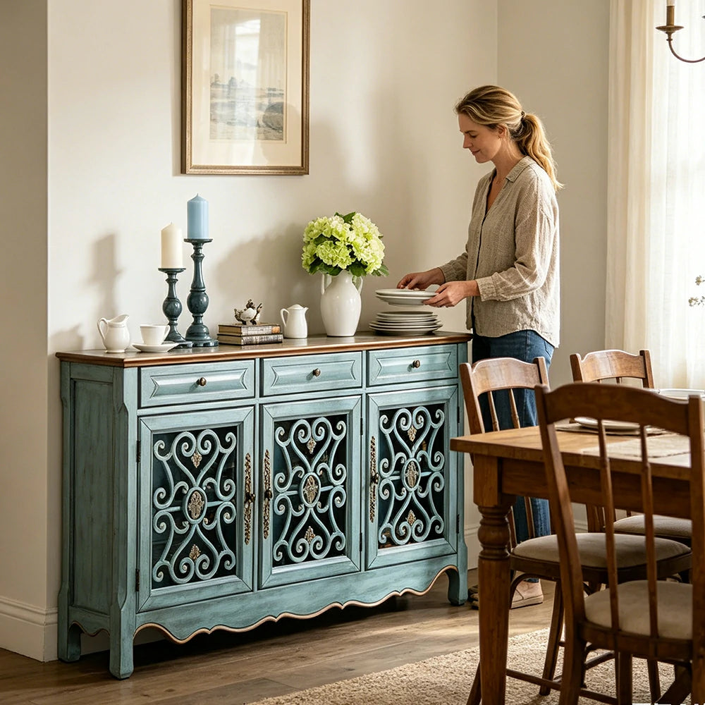 LIVARA Solid Wood 3 Door Sideboard Cabinet with Storage Vintage American Buffet Entryway Cabinet 153cm - Distressed Blue