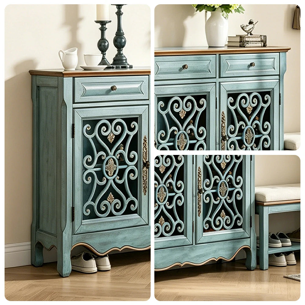 LIVARA Solid Wood 3 Door Sideboard Cabinet with Storage Vintage American Buffet Entryway Cabinet 153cm - Distressed Blue
