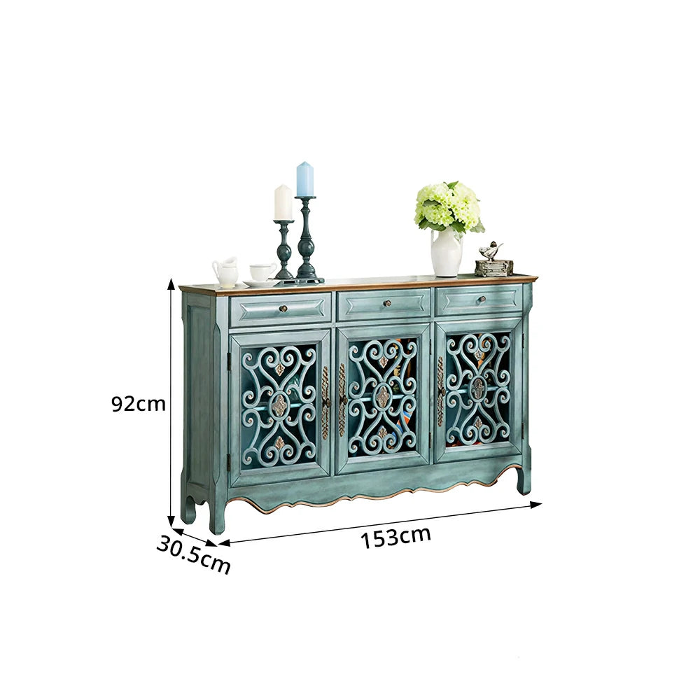 LIVARA Solid Wood 3 Door Sideboard Cabinet with Storage Vintage American Buffet Entryway Cabinet 153cm - Distressed Blue