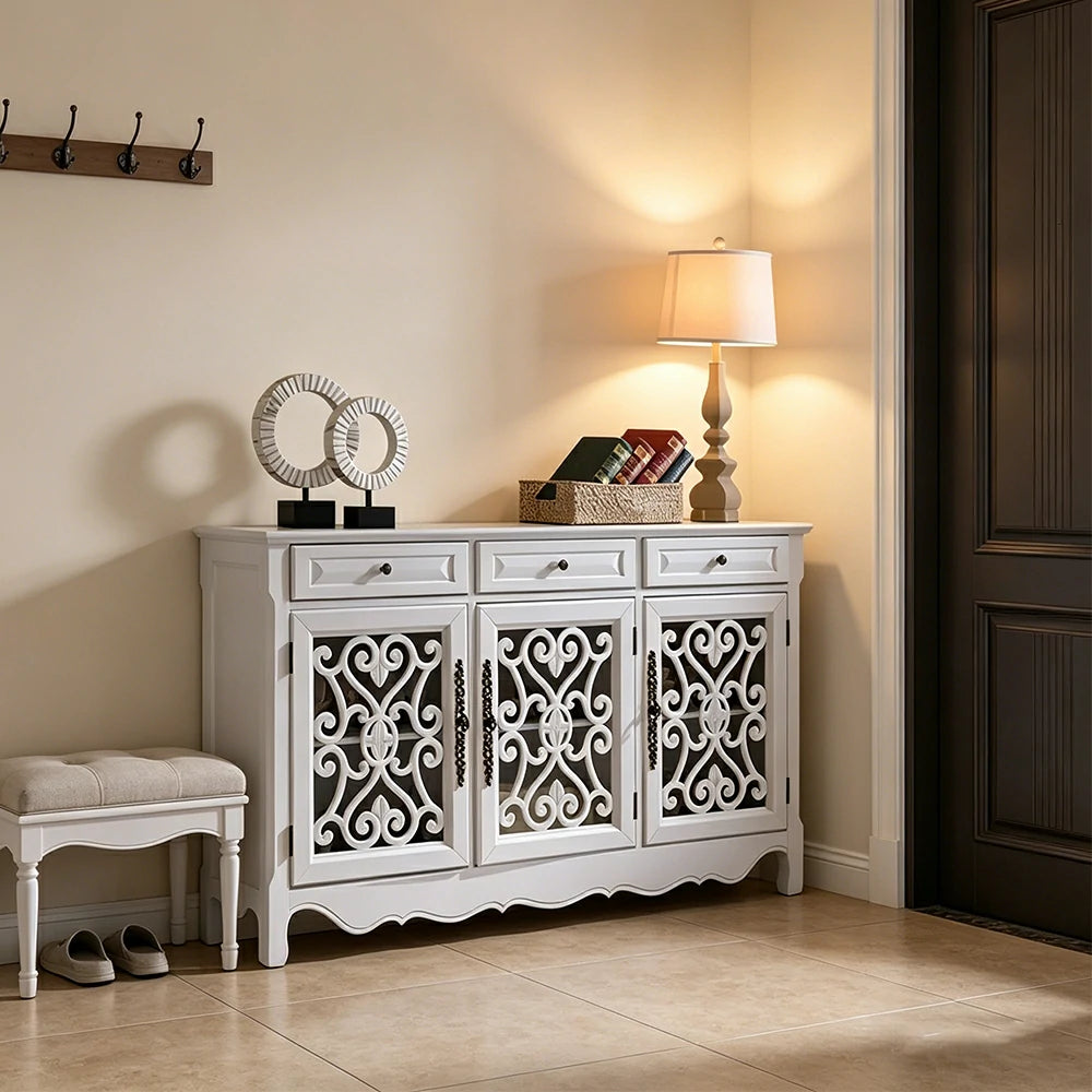 LIVARA Solid Wood 3 Door Sideboard Cabinet with Storage Vintage American Buffet Entryway Cabinet 153cm - White