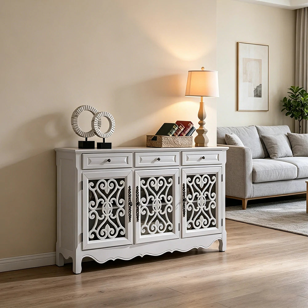 LIVARA Solid Wood 3 Door Sideboard Cabinet with Storage Vintage American Buffet Entryway Cabinet 153cm - White