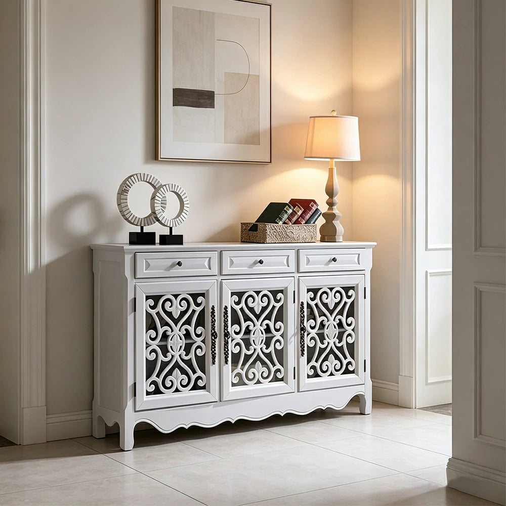 LIVARA Solid Wood 3 Door Sideboard Cabinet with Storage Vintage American Buffet Entryway Cabinet 153cm - White