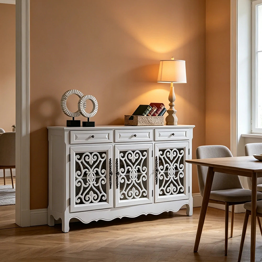 LIVARA Solid Wood 3 Door Sideboard Cabinet with Storage Vintage American Buffet Entryway Cabinet 153cm - White