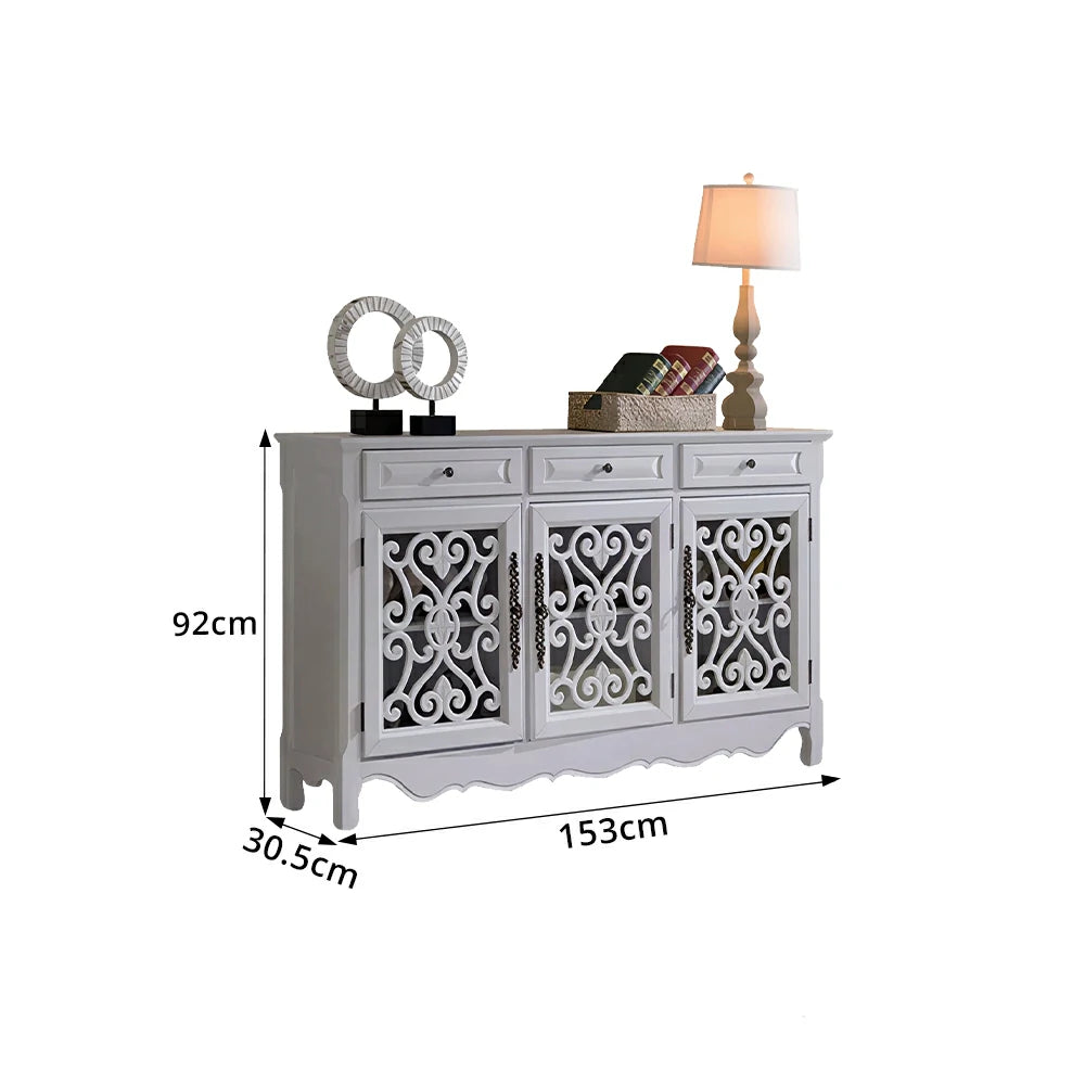 LIVARA Solid Wood 3 Door Sideboard Cabinet with Storage Vintage American Buffet Entryway Cabinet 153cm - White