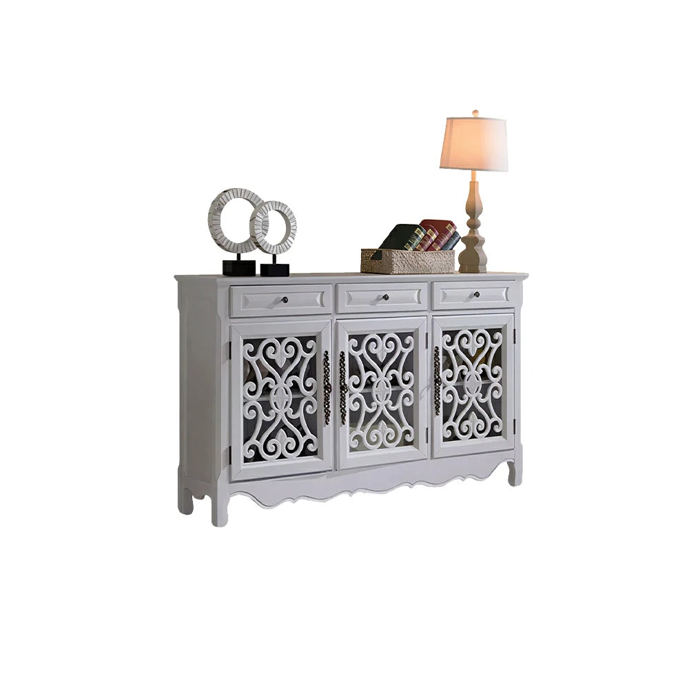 LIVARA Solid Wood 3 Door Sideboard Cabinet with Storage Vintage American Buffet Entryway Cabinet 153cm - White