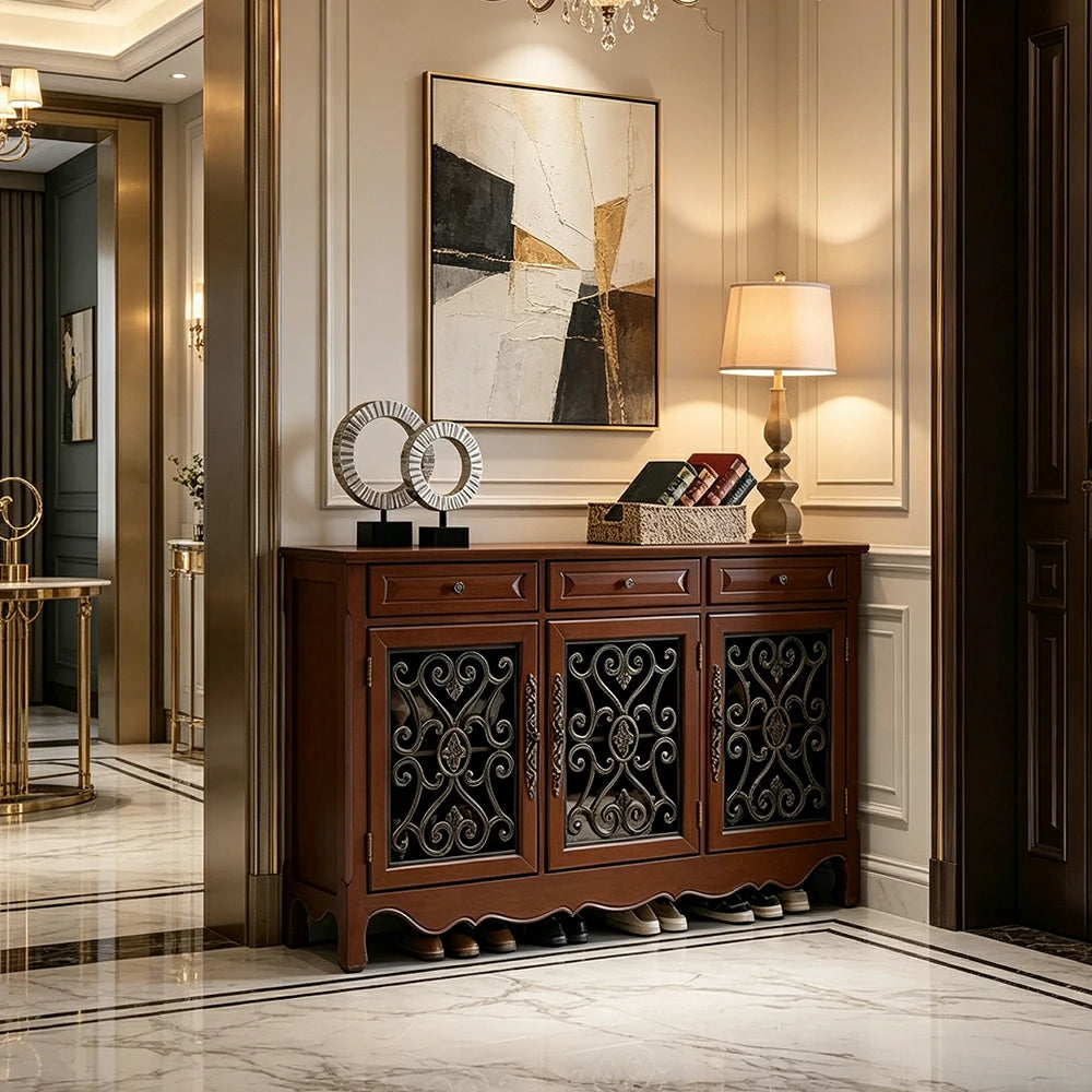 LIVARA Solid Wood 3 Door Sideboard Cabinet with Storage Vintage American Buffet Entryway Cabinet 153cm - Brown