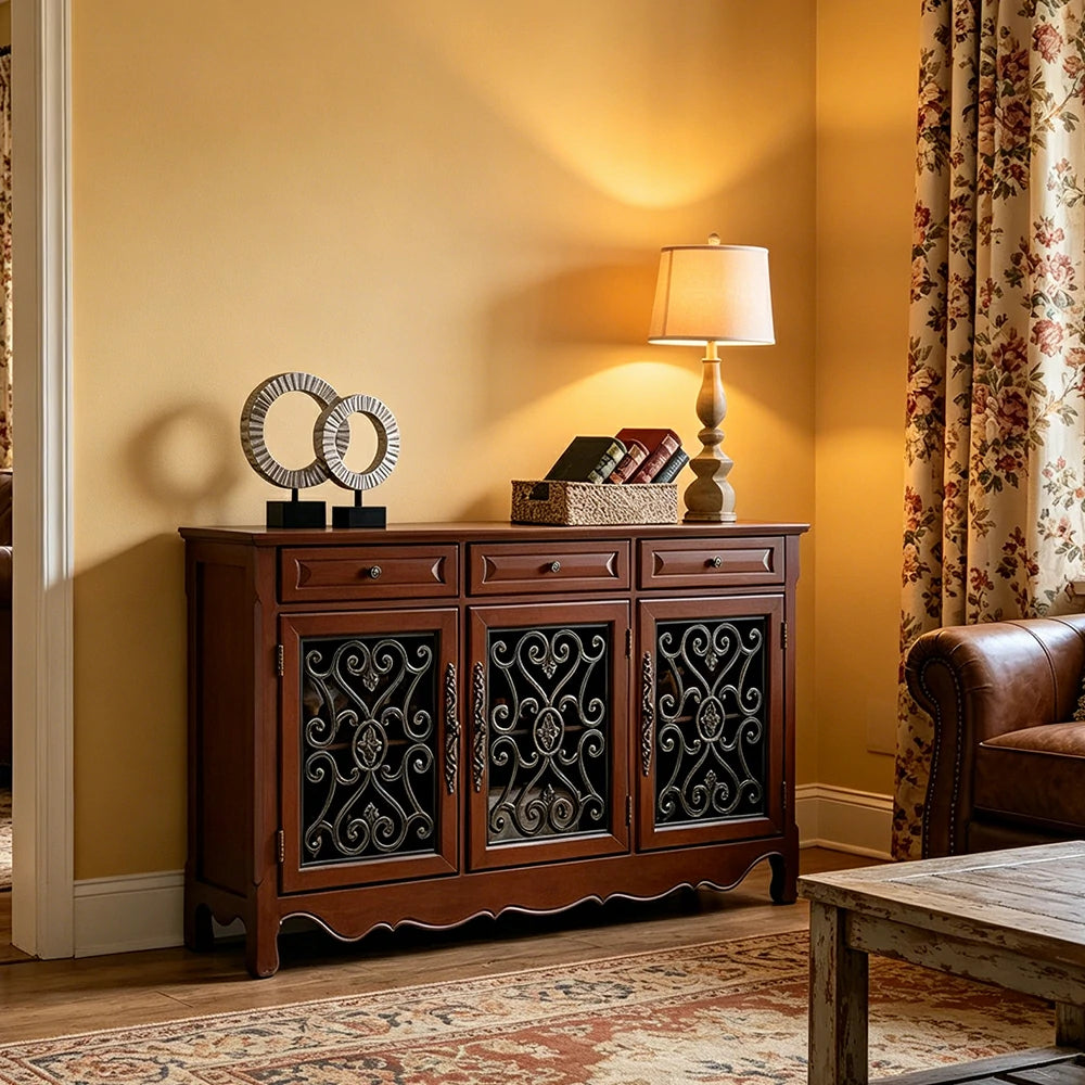 LIVARA Solid Wood 3 Door Sideboard Cabinet with Storage Vintage American Buffet Entryway Cabinet 153cm - Brown