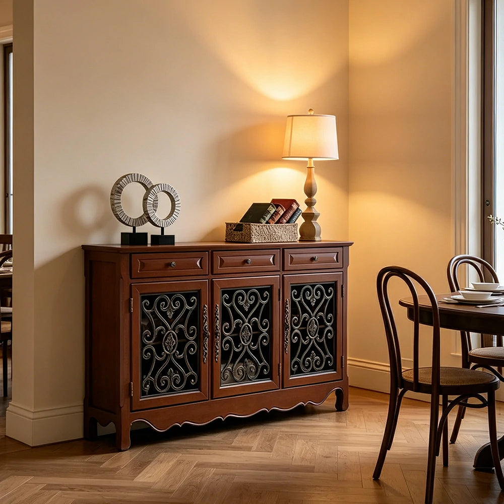 LIVARA Solid Wood 3 Door Sideboard Cabinet with Storage Vintage American Buffet Entryway Cabinet 153cm - Brown
