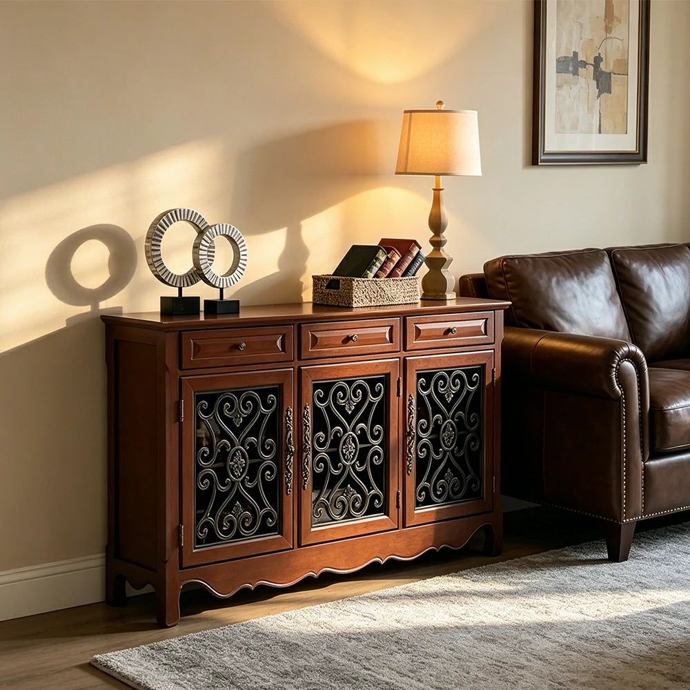 LIVARA Solid Wood 3 Door Sideboard Cabinet with Storage Vintage American Buffet Entryway Cabinet 153cm - Brown