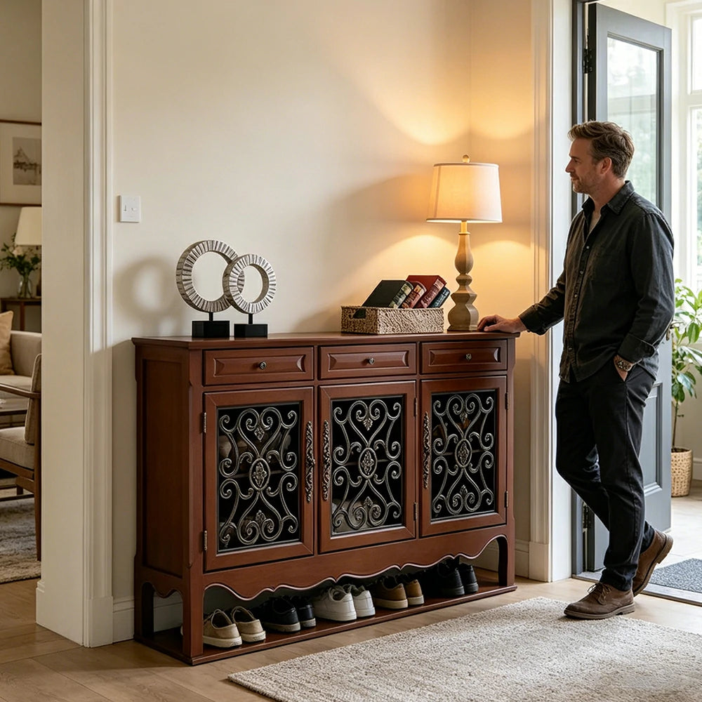 LIVARA Solid Wood 3 Door Sideboard Cabinet with Storage Vintage American Buffet Entryway Cabinet 153cm - Brown