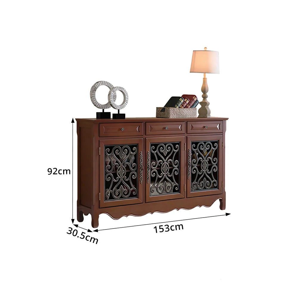 LIVARA Solid Wood 3 Door Sideboard Cabinet with Storage Vintage American Buffet Entryway Cabinet 153cm - Brown