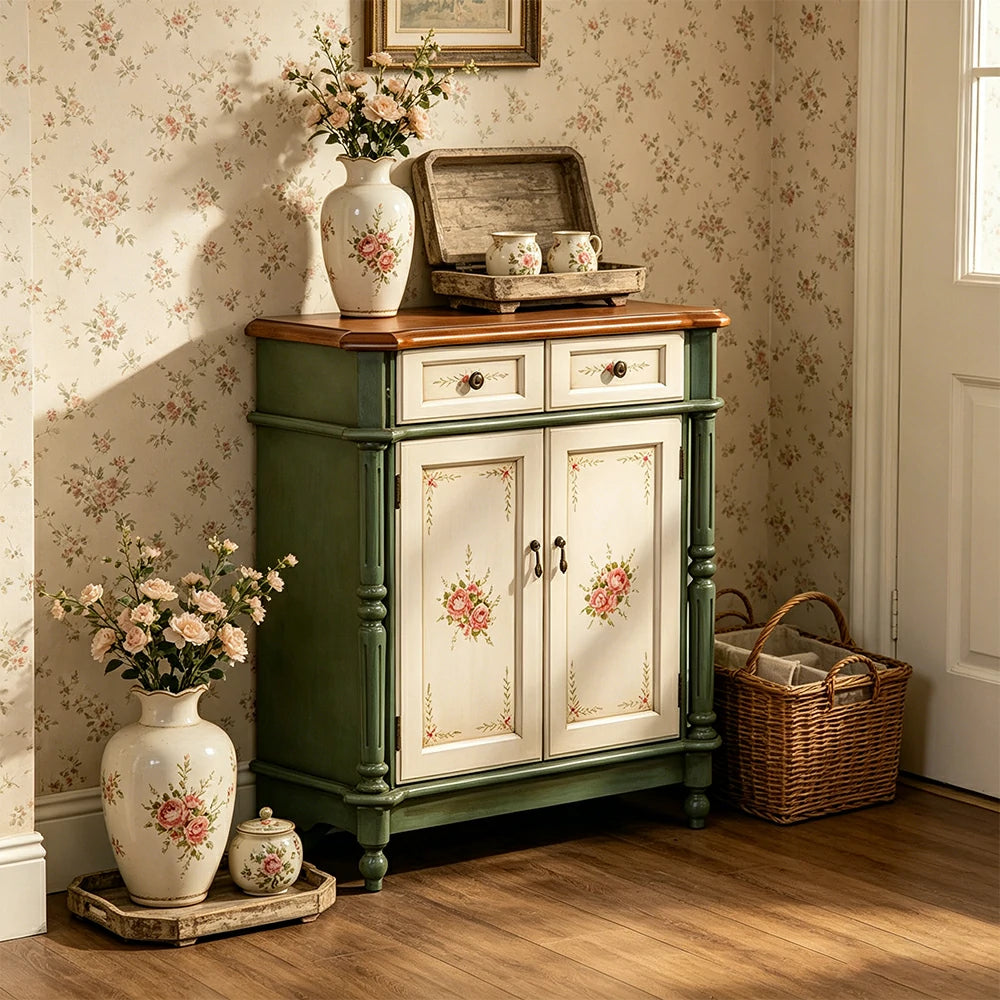 LIVARA Solid Wood 2 Door Shoe Cabinet with Hand Painted Storage American Entryway Cabinet 77cm - Green & White